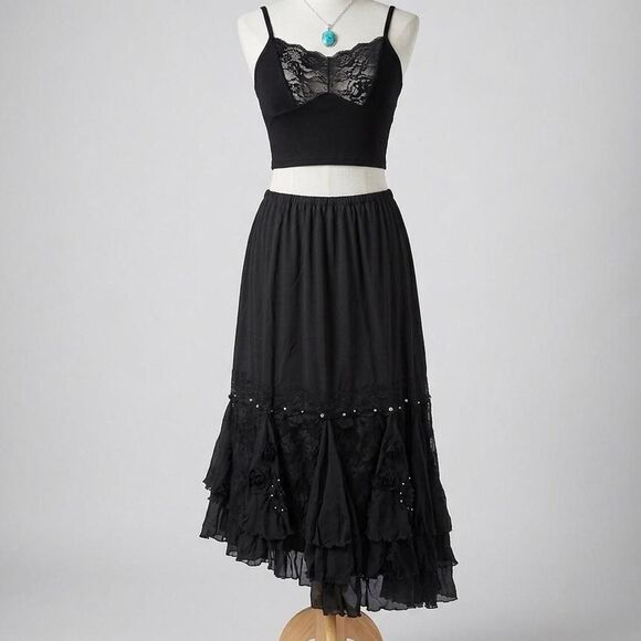 Anis. A Dresses & Skirts - Deadstock Y2K Anis.A flowy black maxi skirt lace + beading whimsygoth boho